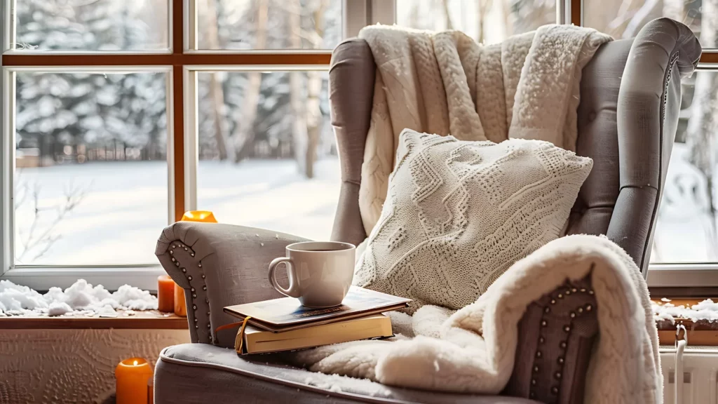 Fauteuil capitonné garni de plaids, livre et tasse près d'une fenêtre ouverte sur une forêt enneigée, bougies allumées