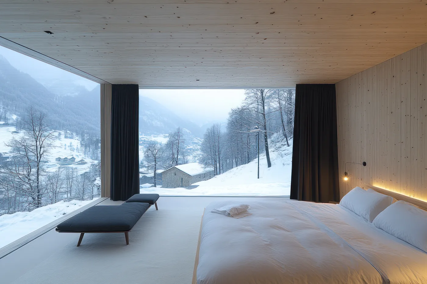 Chambre épurée aux murs de bois clair, lit blanc fait et grande baie vitrée ouverte sur une vallée de montagne enneigée