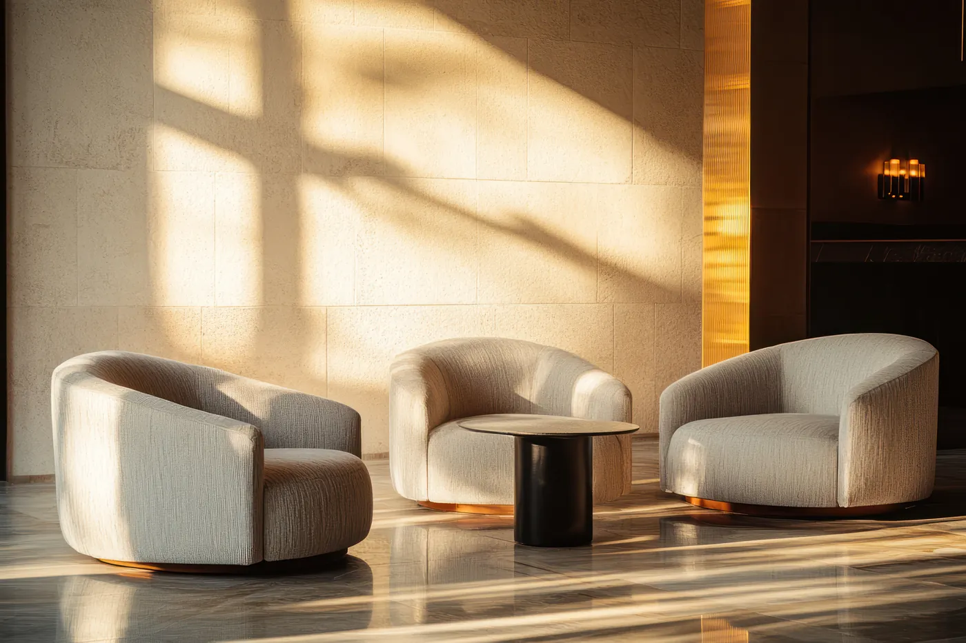 Salon d'attente feutré avec trois fauteuils arrondis beiges et une table basse, baigné par la lumière dorée du soleil
