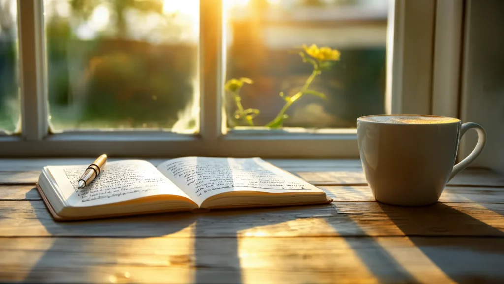 Carnet ouvert avec stylo et tasse posés sur une table en bois près d'une fenêtre baignée de lumière dorée de fin de journée