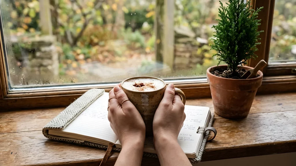 Mains entourant une tasse posée sur un carnet ouvert, au rebord d'une fenêtre donnant sur un jardin d'automne