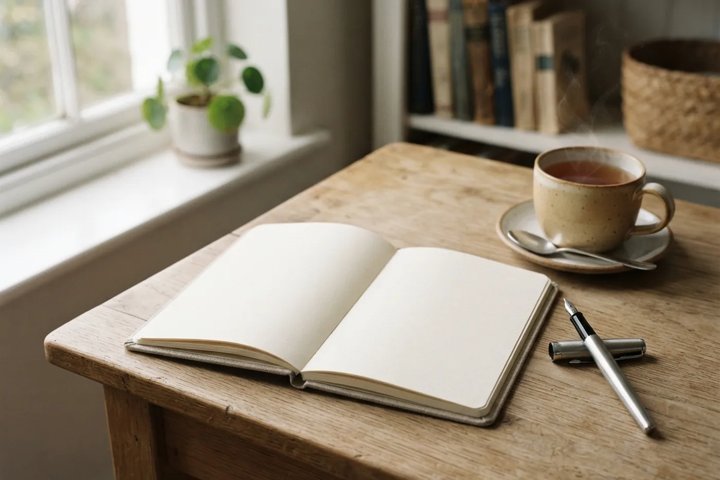 Carnet ouvert, stylo plume et tasse de thé sur une table en bois près d'une fenêtre lumineuse, devant une étagère de livres