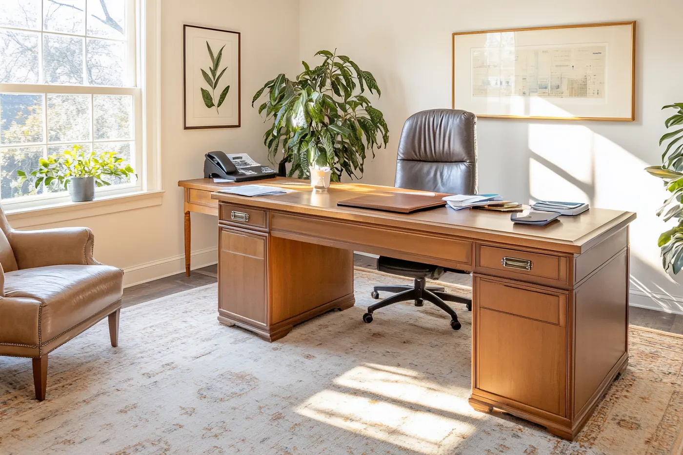 Bureau lumineux avec meuble en bois, fauteuil en cuir, plantes vertes et fenêtres ouvertes sur le jardin, sans personne