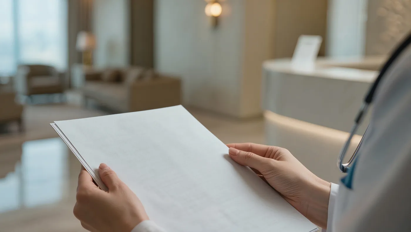 Professionnel de santé consultant un dossier médical dans un espace d'accueil clinique