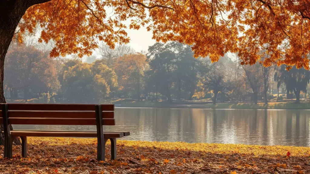 Banc en bois vide sous un arbre aux feuilles rousses, au bord d'un lac calme dans la douce lumière d'un après-midi d'automne