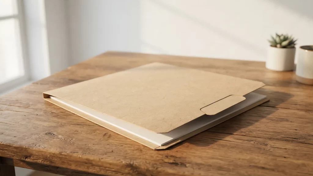 Pochette cartonnée fermée posée sur un bureau en bois brut près d'une fenêtre, dans une lumière douce de fin de matinée