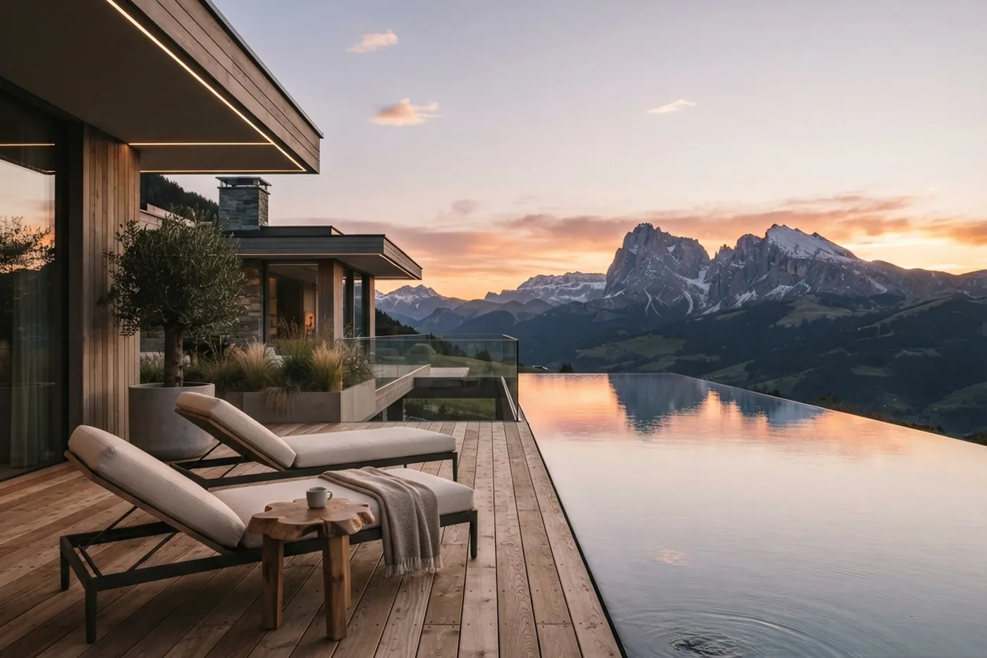 Terrasse en bois d'un hôtel alpin avec chaises longues et plaid, piscine à débordement face aux sommets au coucher du soleil