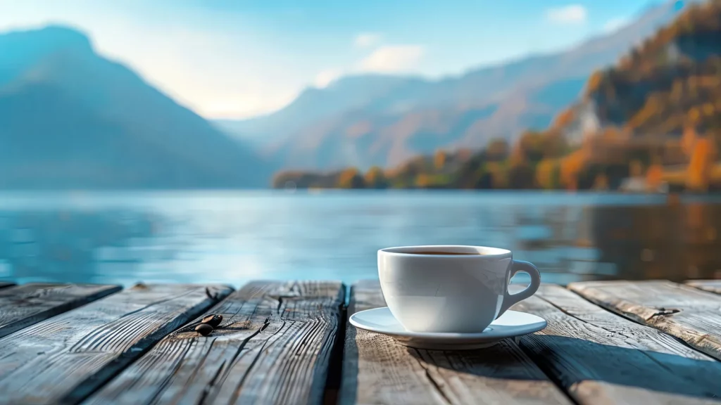Tasse de café posée sur un ponton en bois face à un lac bordé de montagnes aux forêts dorées, sous une lumière matinale