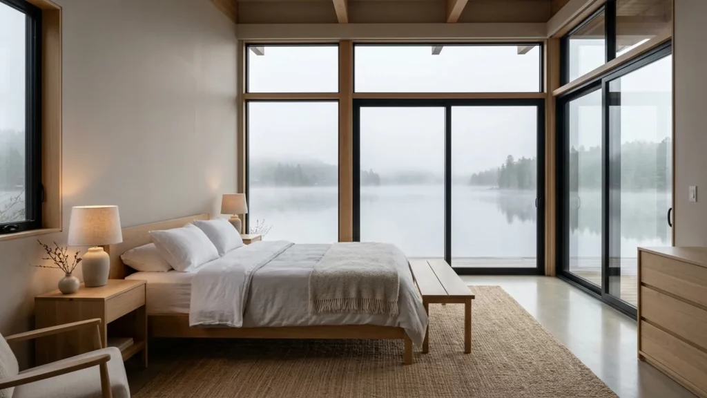 Chambre épurée aux tons naturels, lit aux draps clairs face à de grandes baies vitrées ouvertes sur un lac dans la brume